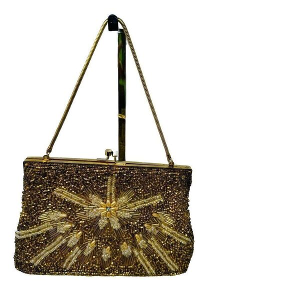 Gold Evening Bag beaded 7” Kiss‎ Lock Vintage - Picture 1 of 9
